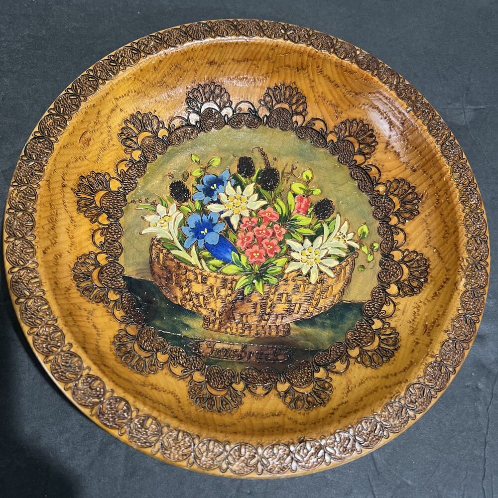 VTG Wooden Bowl Hand Carved Handpainted Inbsbruck Austria Wall Art Floral 10.75”
